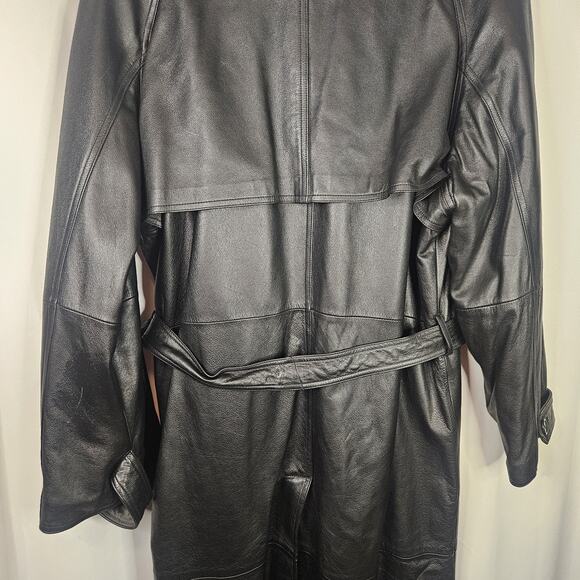 Vtg Baracuta Trench Coat Black Leather Collared Double Breasted Belt Lined Large - Picture 11 of 16